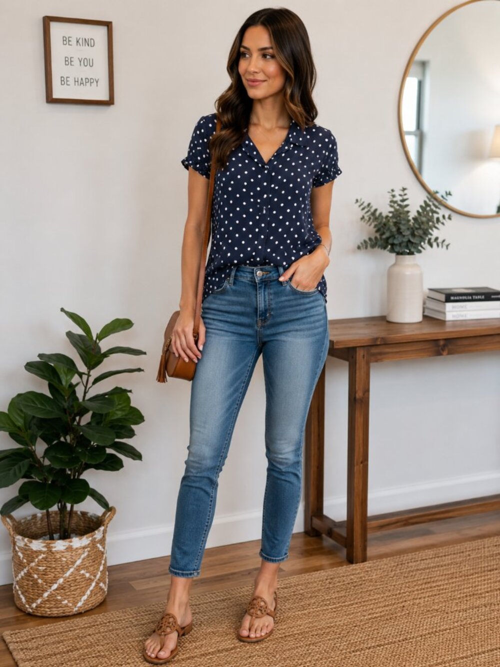 willow & root | Navy Polka Dot Blouse | Short Sleeve Ruffle Button Down